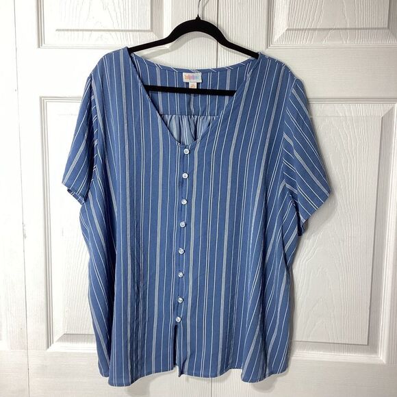 LuLaRoe Blouse Lularoe Striped Blue White Short Sleeve Button Front Top 3XL - Picture 6 of 11